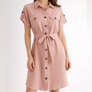 E&M Blush Pink Dress Linen Rayon Tie Waist Size M